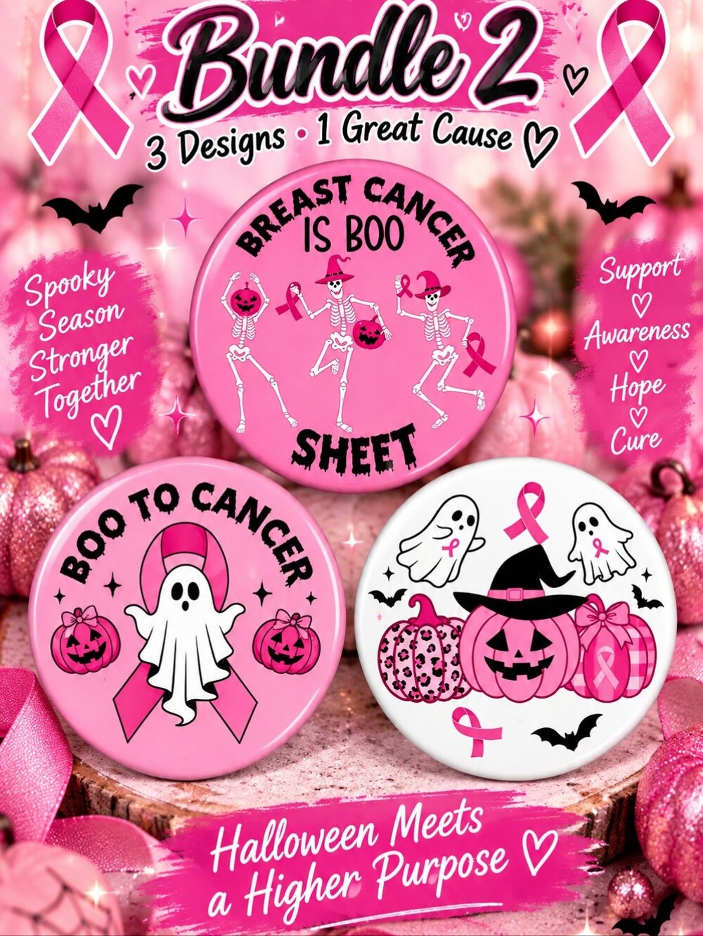 Breast Cancer Awareness Halloween Button Bundle - Pink Support Pins